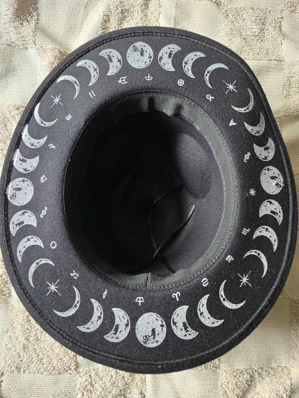 Black Witchy Felt Hat with White Moon Phases and Zodiac